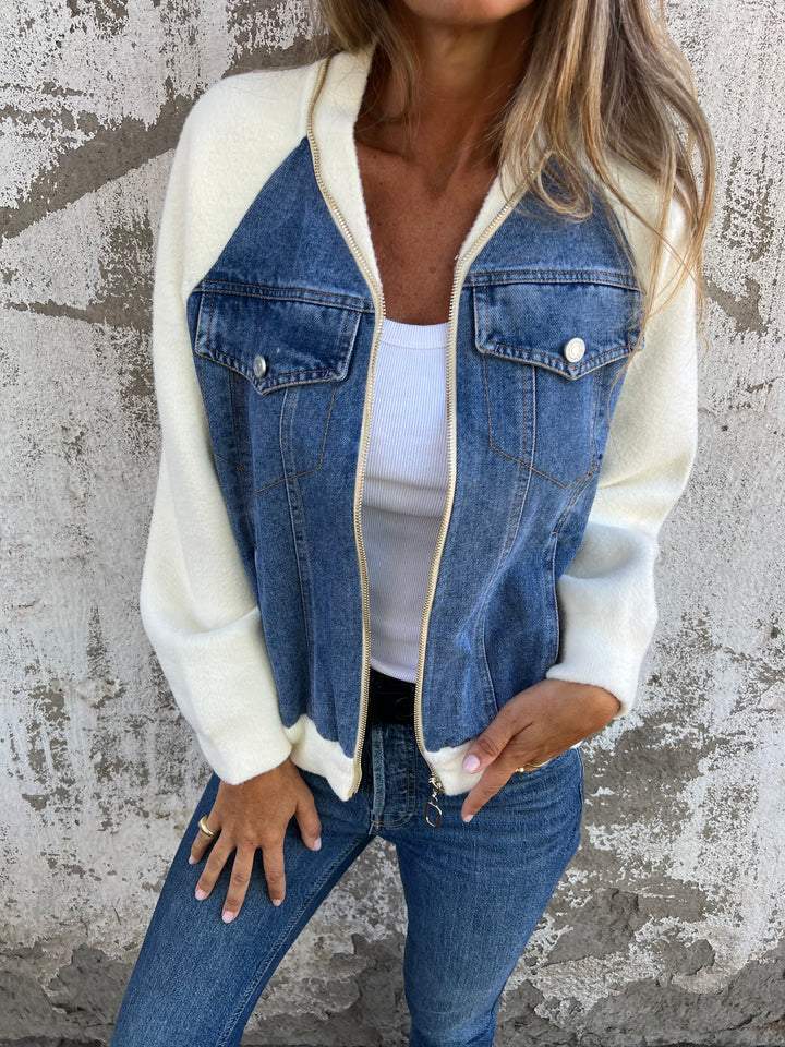 Sophia - Cozy Denim Bomber Jacket Stylish and Warm