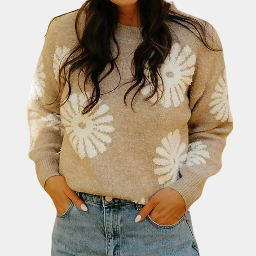 Amelia - Print Knit Sweater Cozy and Playful Daisy Design for Fall and Winter