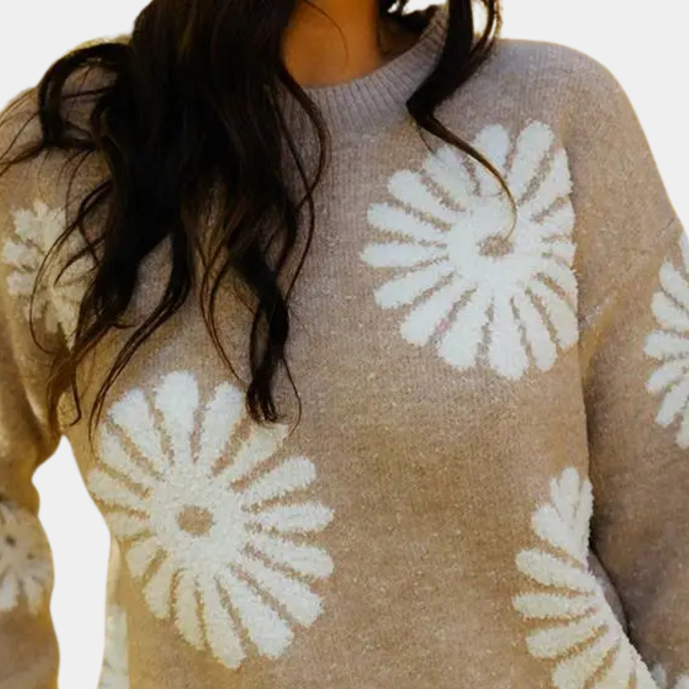 Amelia - Print Knit Sweater Cozy and Playful Daisy Design for Fall and Winter